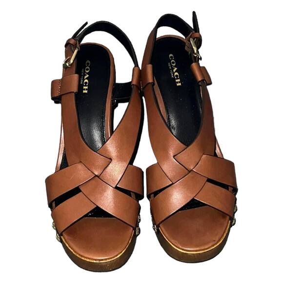 Coach Adessa Brown Leather Platform Heels Sandals Size 9 Slingback Studded - Picture 2 of 9